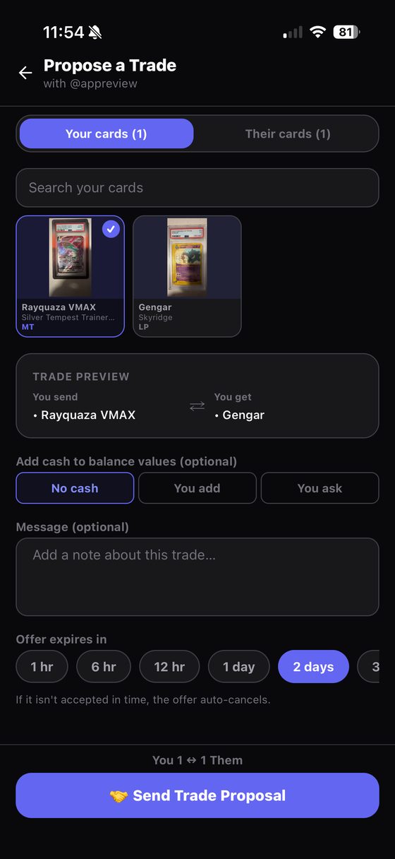 GrailSwap Propose a Trade screen with a trade preview