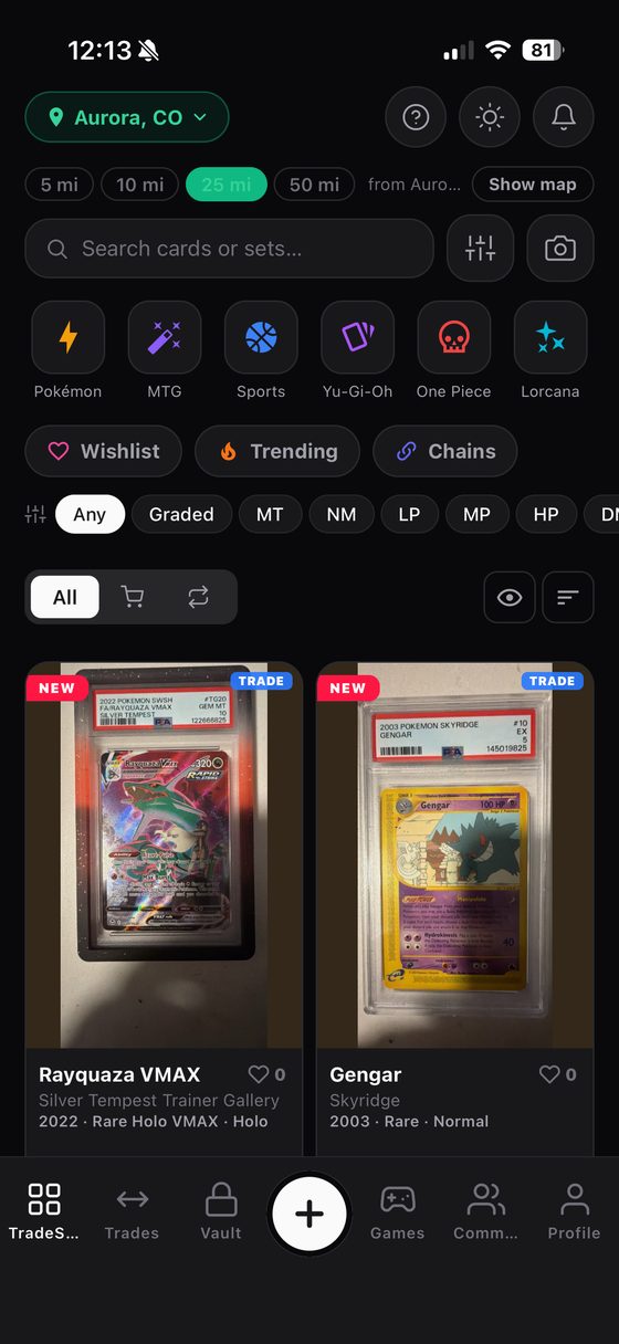 GrailSwap TradeSquare screen with nearby cards for sale and trade